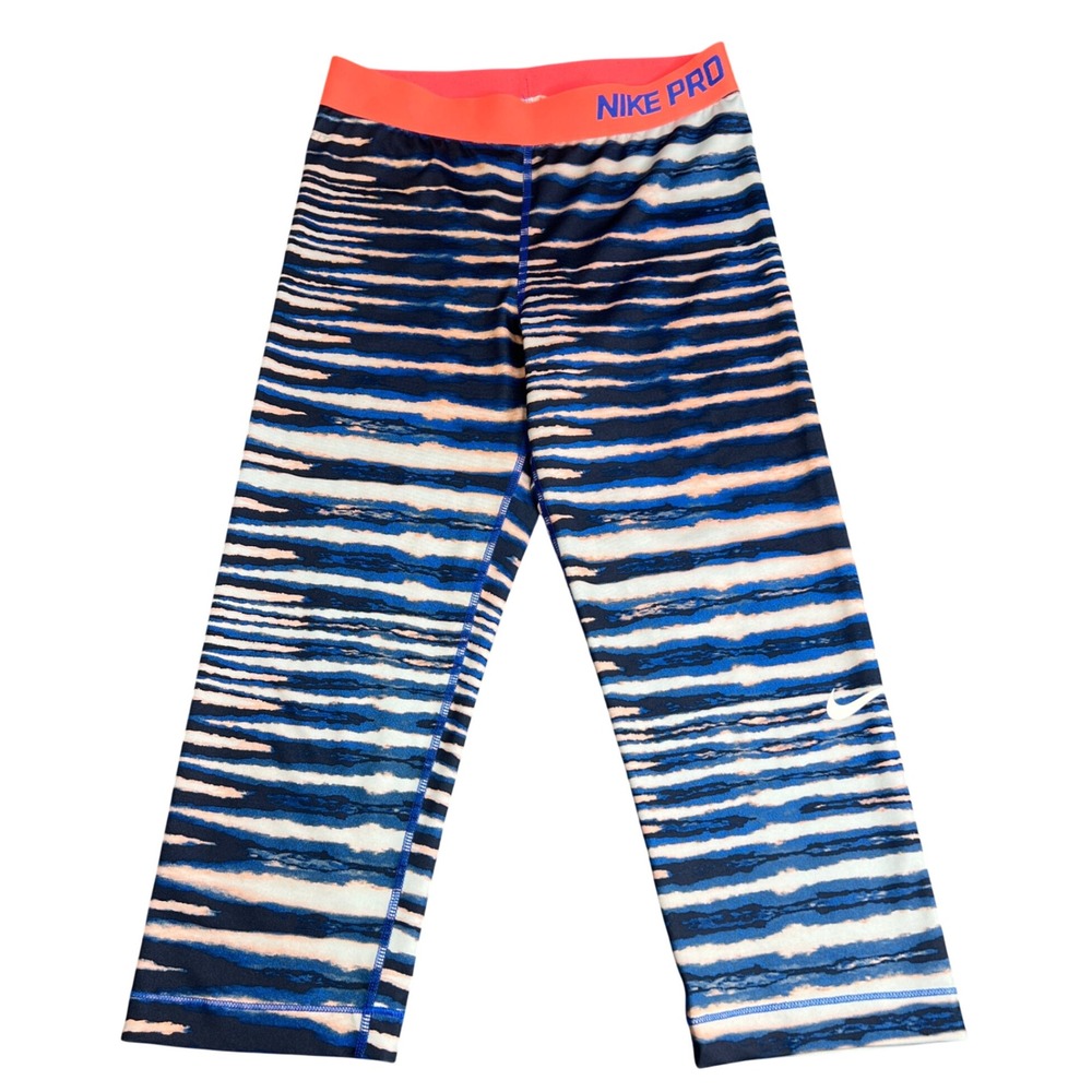Nike Pro Womens Blue Coral Striped Dri-FIT Training Capri Leggings 717430-402 M